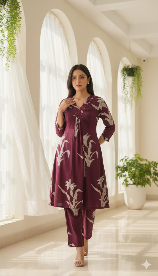 Wine Maroon Floral Printed Kurta Set