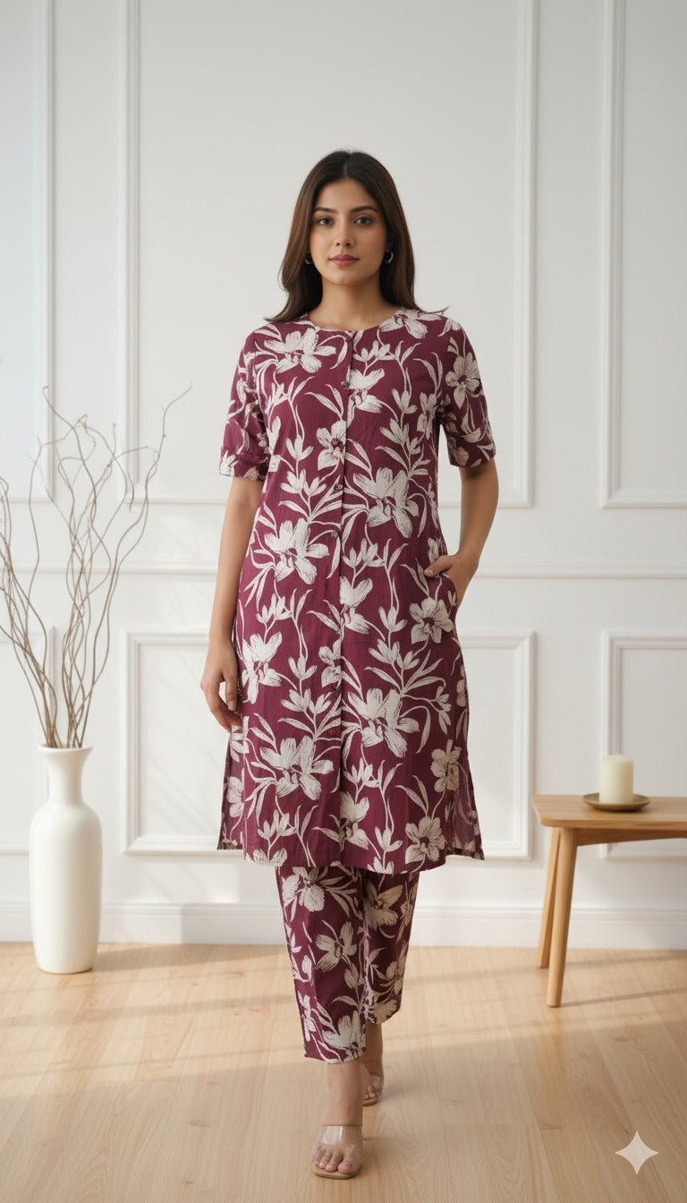 Broun Florel Kurta Set