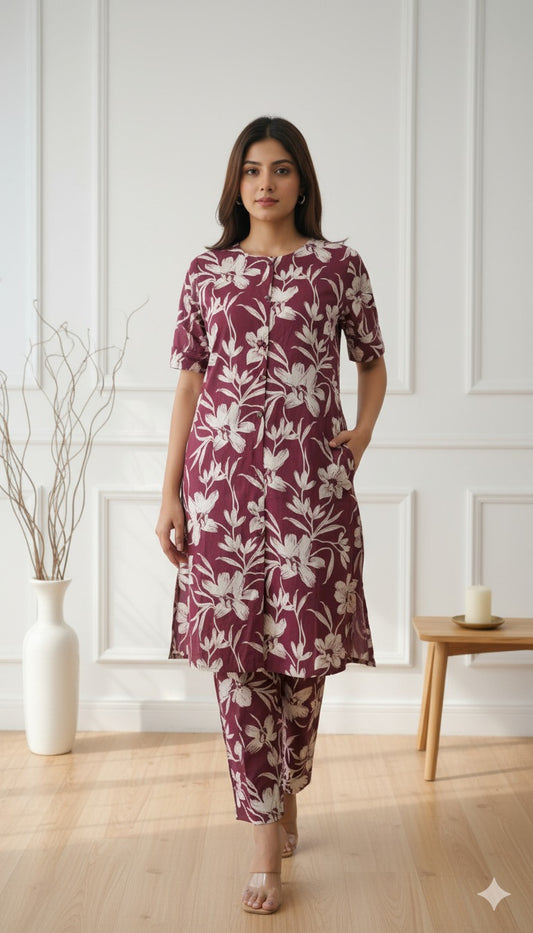 Broun Florel Kurta Set