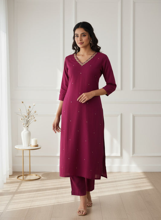 Wine Red Embroidered Kurta Pant