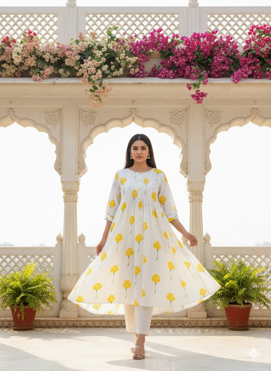 White Yellow Flower Kurta Set Mul cotton