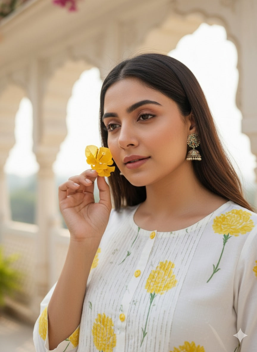 White Yellow Flower Kurta Set Mul cotton