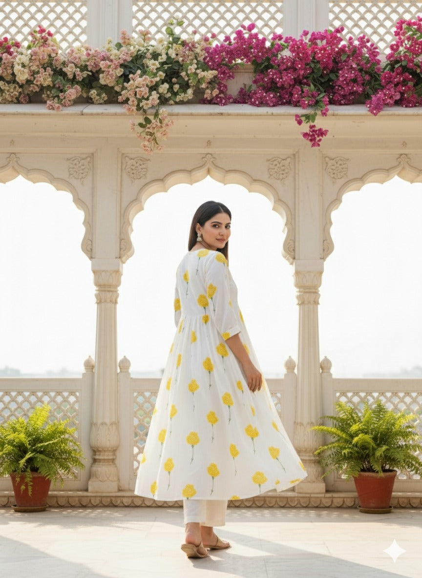 White Yellow Flower Kurta Set Mul cotton