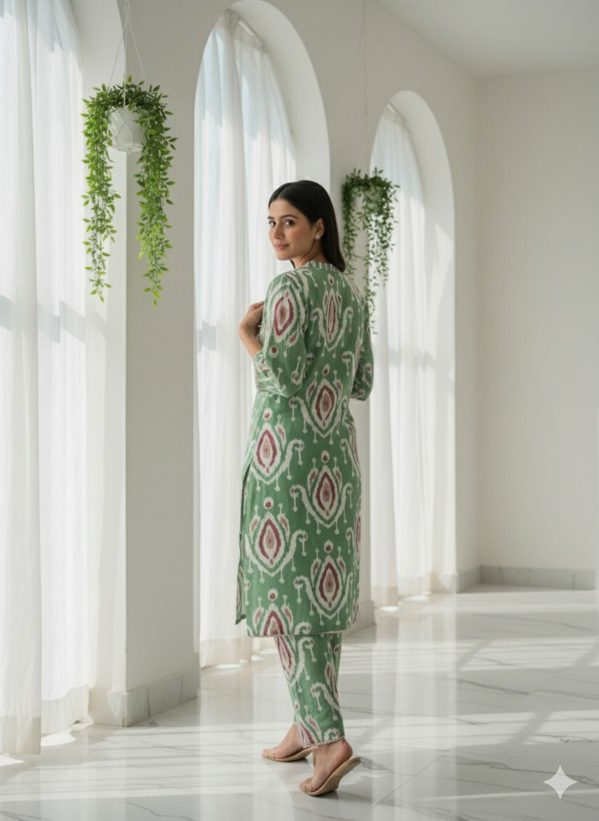 Green Ikat Printed Cotton Kurta