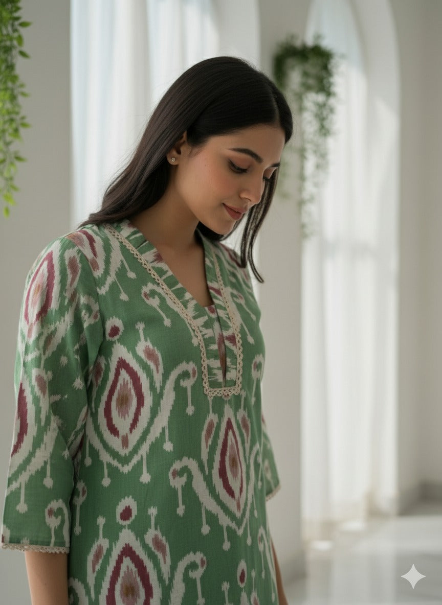 Green Ikat Printed Cotton Kurta