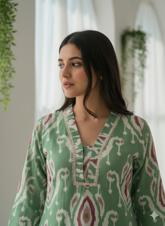 Green Ikat Printed Cotton Kurta