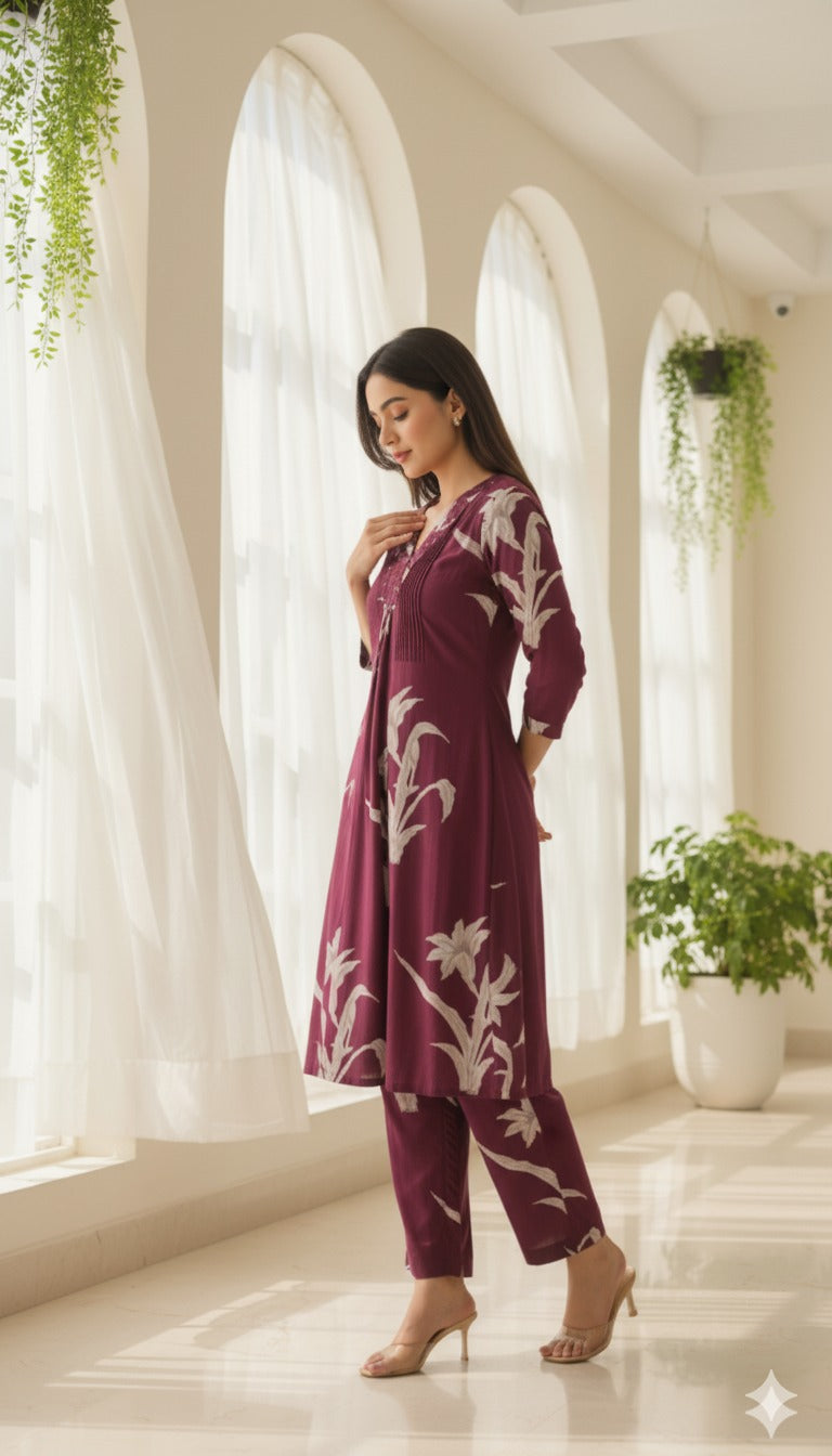 Wine Maroon Floral Printed Kurta Set