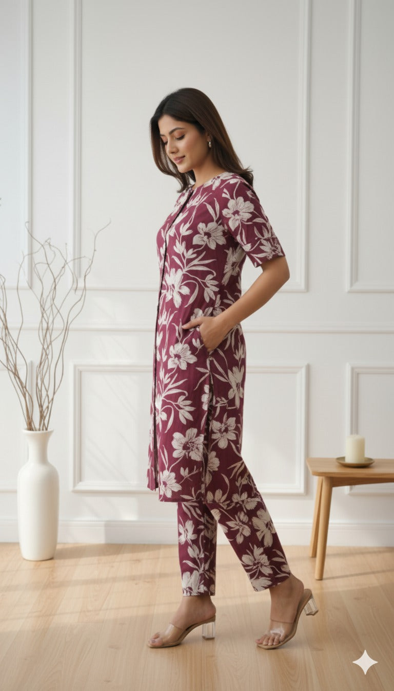 Broun Florel Kurta Set