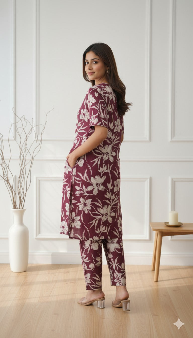 Broun Florel Kurta Set