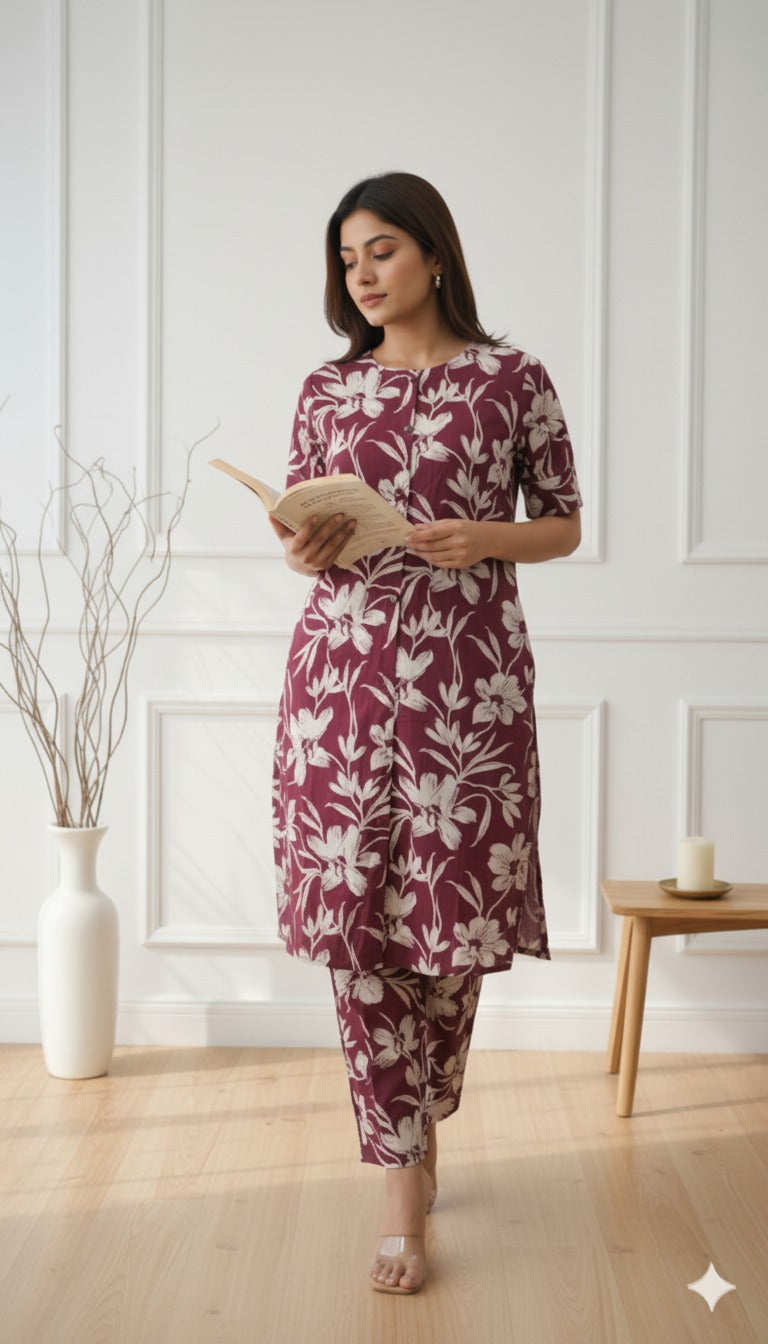 Broun Florel Kurta Set