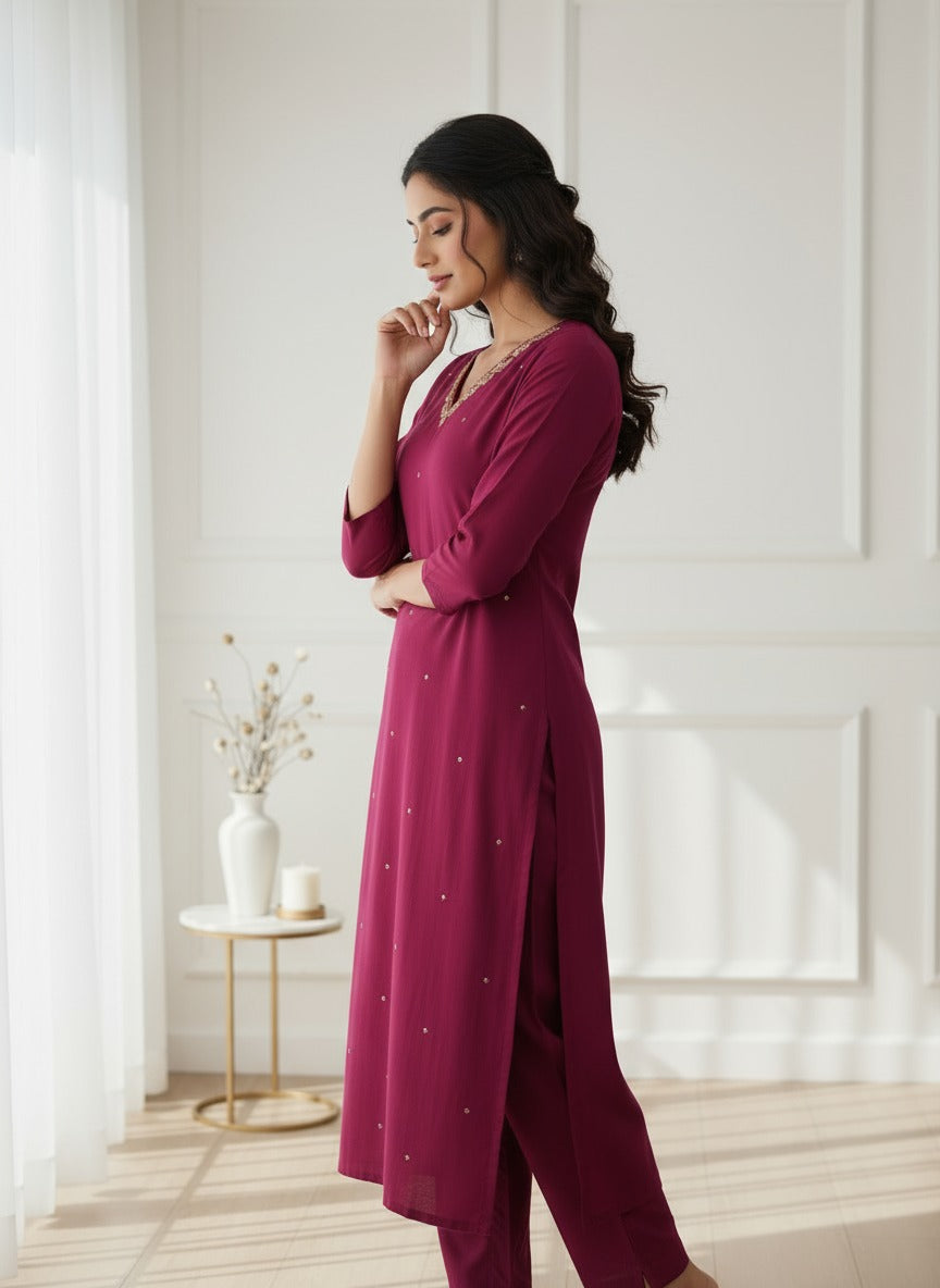 Wine Red Embroidered Kurta Pant