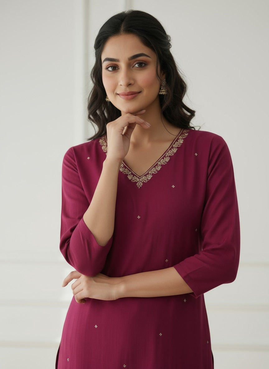 Wine Red Embroidered Kurta Pant