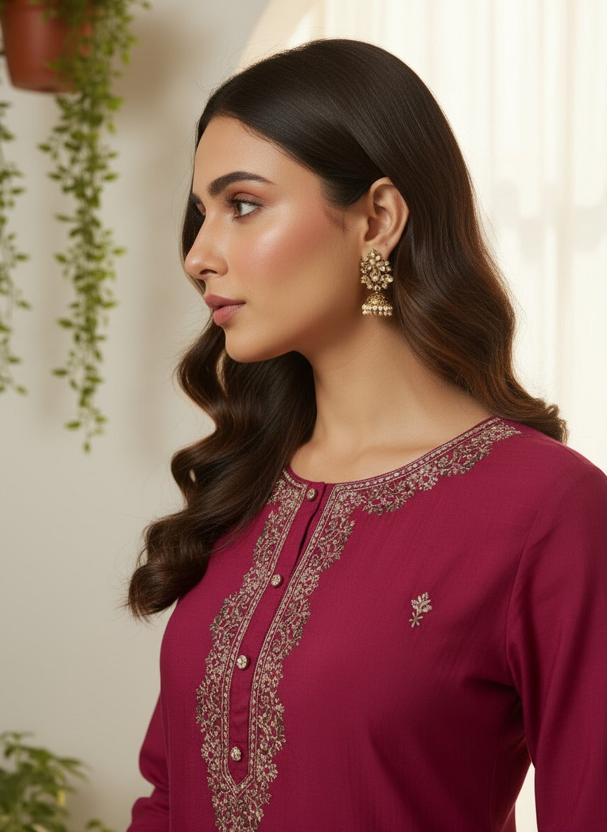 Wine Red Kurta with Golden Embroidery & Button Detailing Kurta Pant