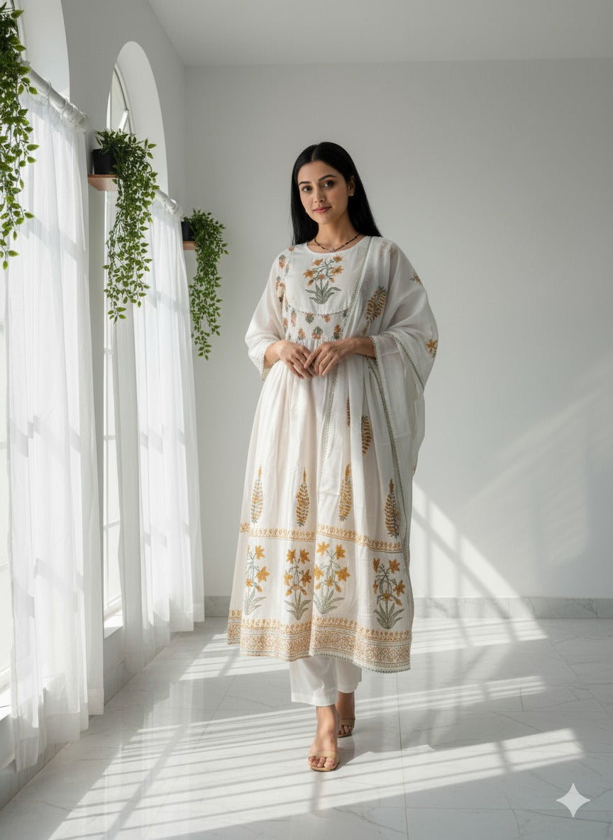 White Floral Anarkali Set
