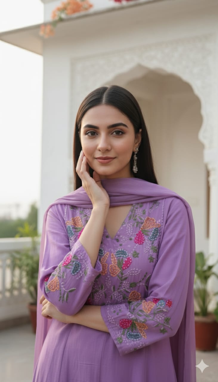 Lavender Floral Embroidered Kurta Set – Elegant Ethnic Wear for Women