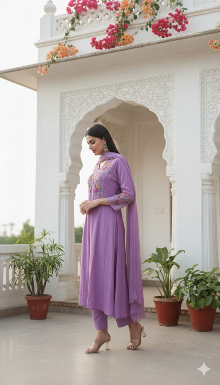 Lavender Floral Embroidered Kurta Set – Elegant Ethnic Wear for Women