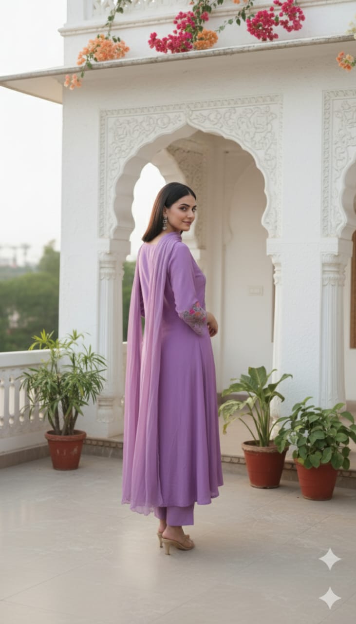 Lavender Floral Embroidered Kurta Set – Elegant Ethnic Wear for Women