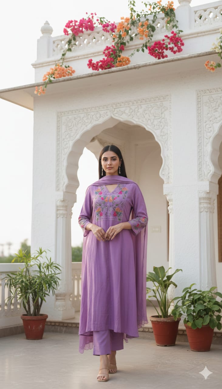 Lavender Floral Embroidered Kurta Set – Elegant Ethnic Wear for Women