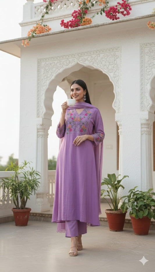 Lavender Floral Embroidered Kurta Set – Elegant Ethnic Wear for Women