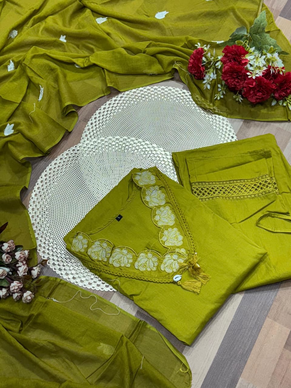 Olive Green Floral Embroidered Cotton Suit Set with Dupatta