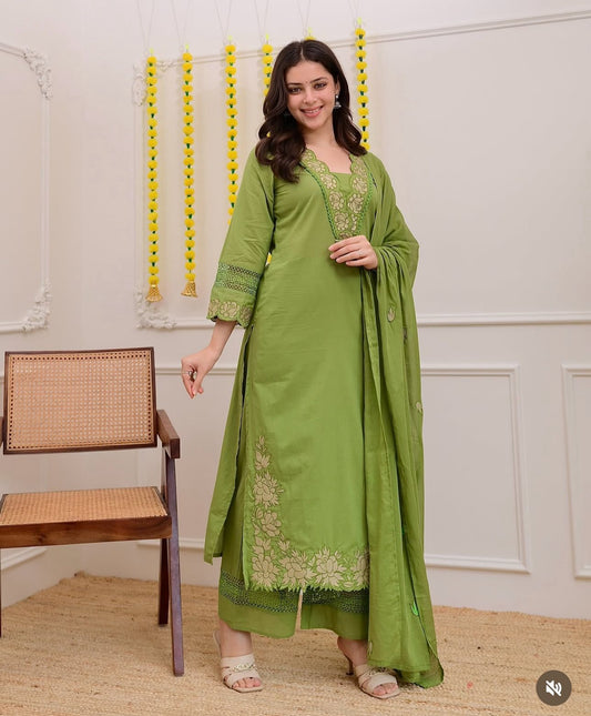 Olive Green Floral Embroidered Cotton Suit Set with Dupatta