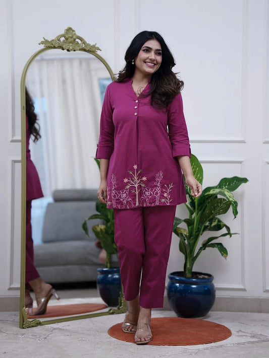 Teal Blue Floral Embroidered Cotton Kurta Set