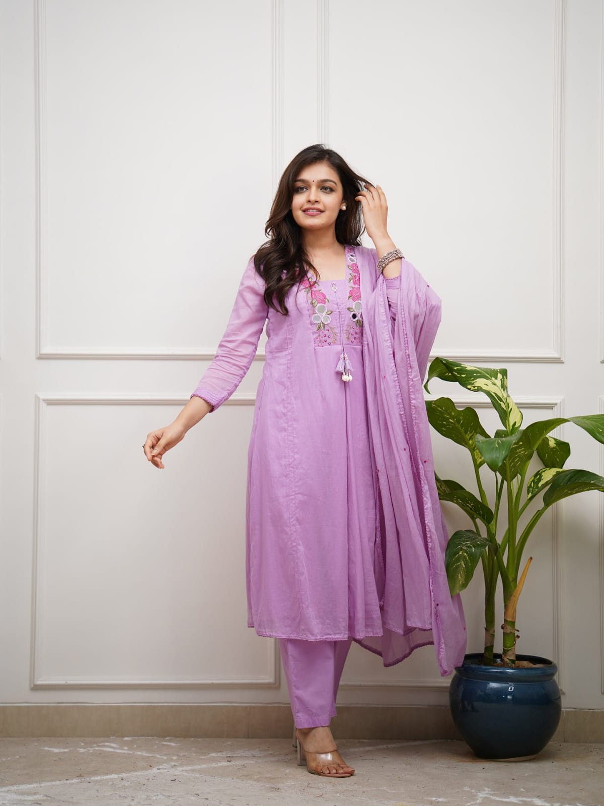 Lavender Floral Embroidered Kurta Set with Dupatta