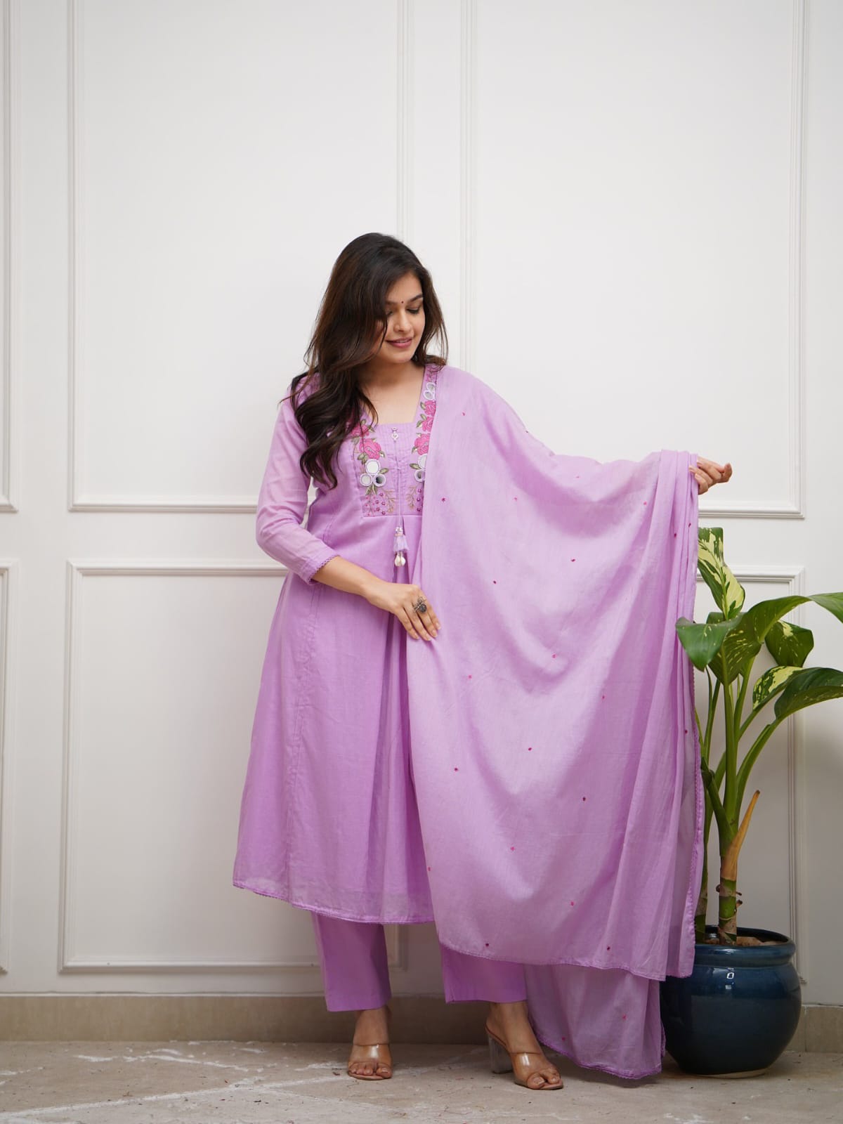 Lavender Floral Embroidered Kurta Set with Dupatta