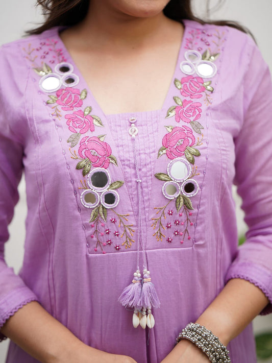 Lavender Floral Embroidered Kurta Set with Dupatta