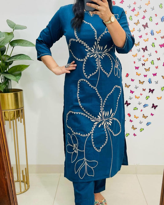 Teal Blue Cotton Kurta Pant Set with Bold Floral Embroidery