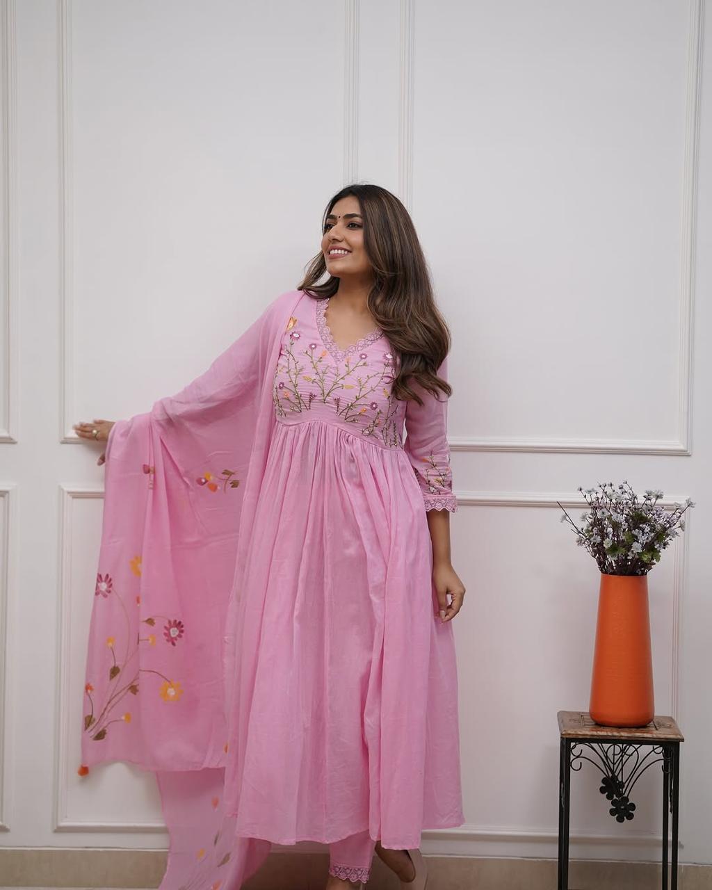 Blush Pink Floral Embroidered Anarkali Set