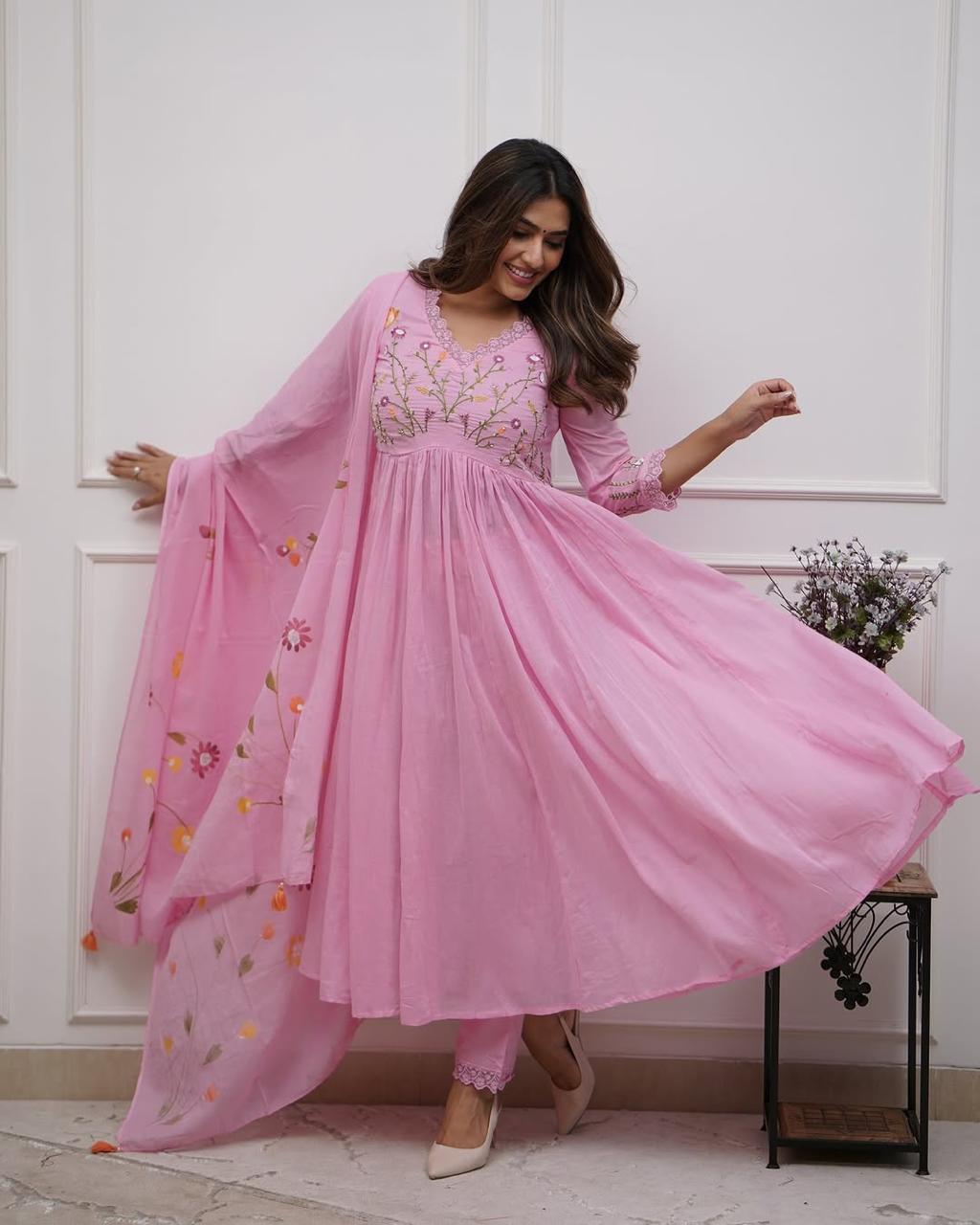 Blush Pink Floral Embroidered Anarkali Set