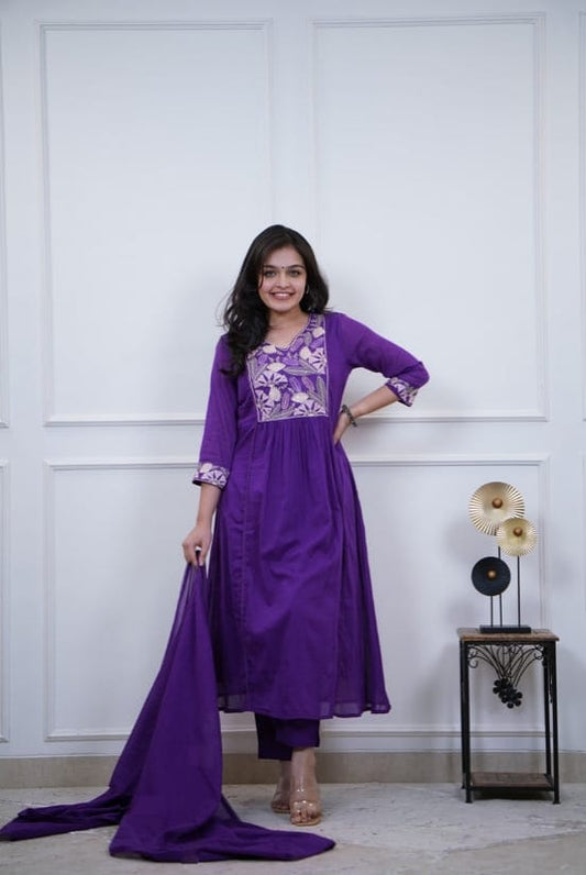 Royal Purple Embroidered Kurta Pant Dupatta Set
