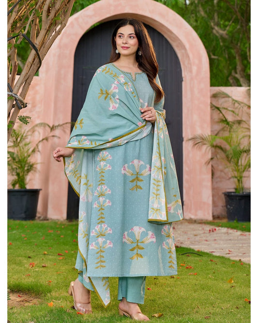 Soft Green Floral Three-Piece Suit Set