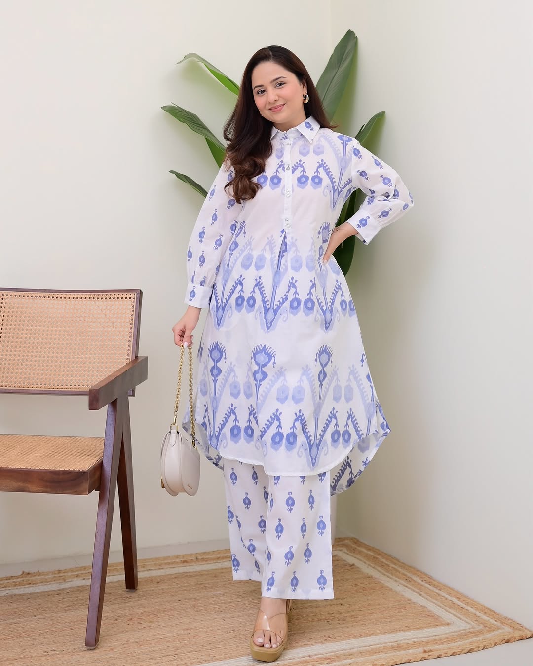 Elegant Blue Ikat Print Cotton Kurta with Side Pocket Detail