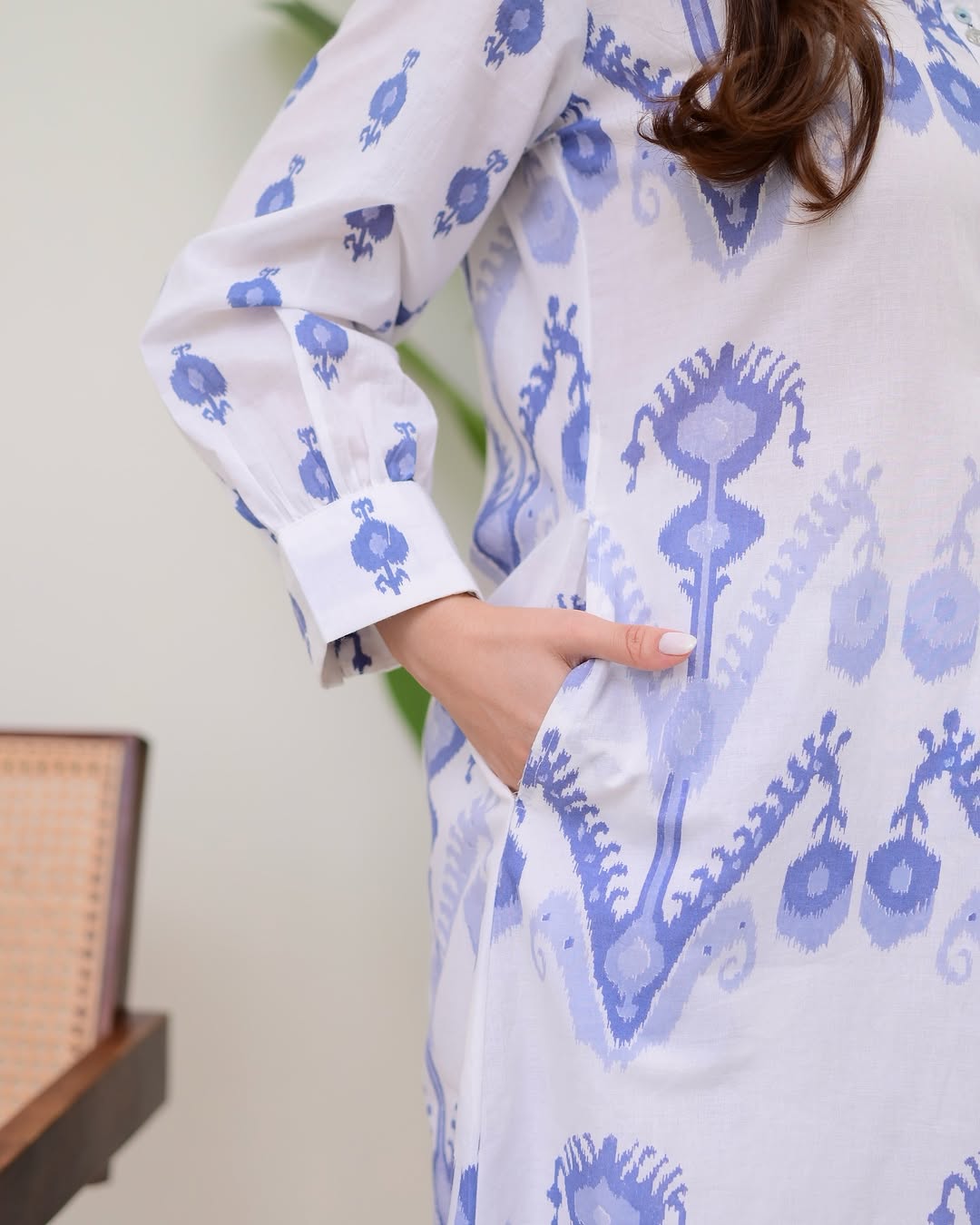 Elegant Blue Ikat Print Cotton Kurta with Side Pocket Detail