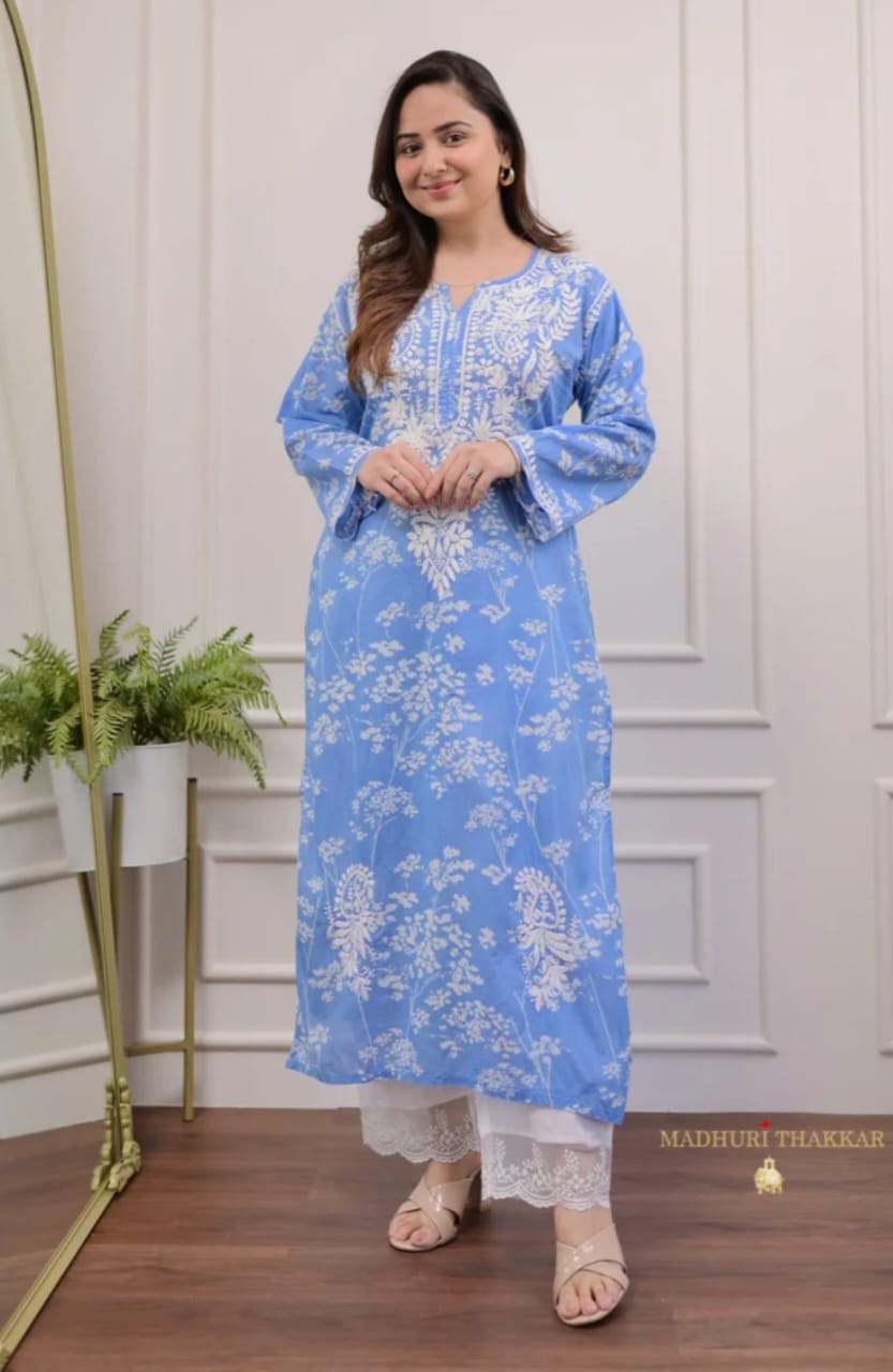 Sky Blue Floral Printed Cotton Kurta