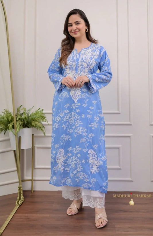 Sky Blue Floral Printed Cotton Kurta
