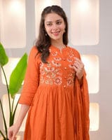 Rust Orange Embroidered Anarkali Kurta Set with Dupatta