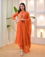 Rust Orange Embroidered Anarkali Kurta Set with Dupatta