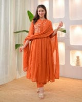 Rust Orange Embroidered Anarkali Kurta Set with Dupatta