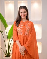 Rust Orange Embroidered Anarkali Kurta Set with Dupatta