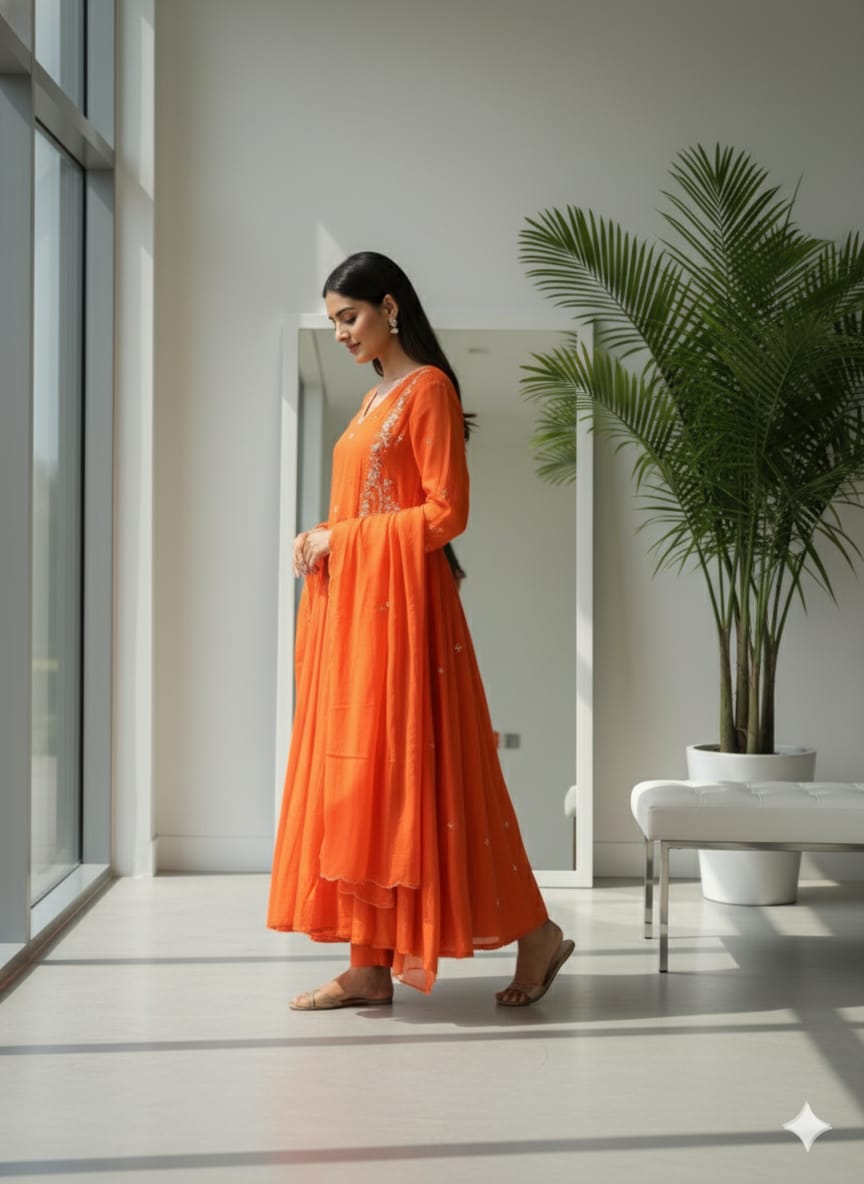 Embroidered Flared Anarkali Set in Vibrant Orange
