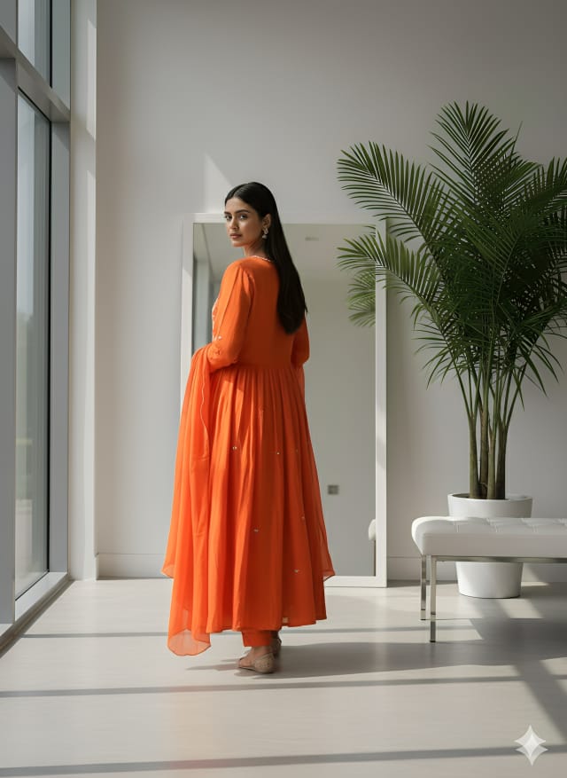 Embroidered Flared Anarkali Set in Vibrant Orange