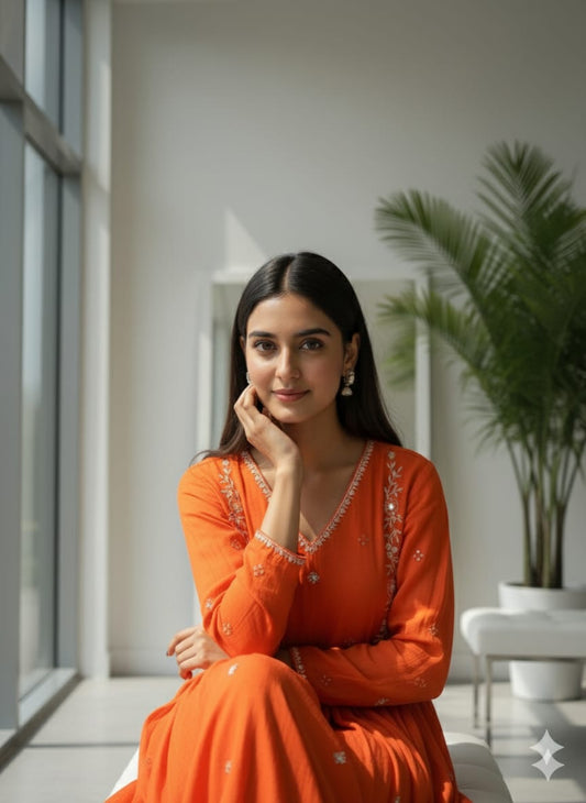 Embroidered Flared Anarkali Set in Vibrant Orange