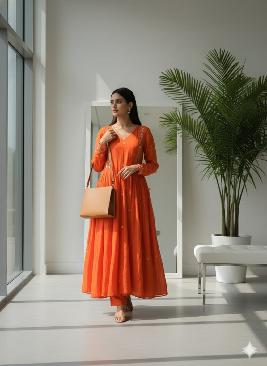 Embroidered Flared Anarkali Set in Vibrant Orange