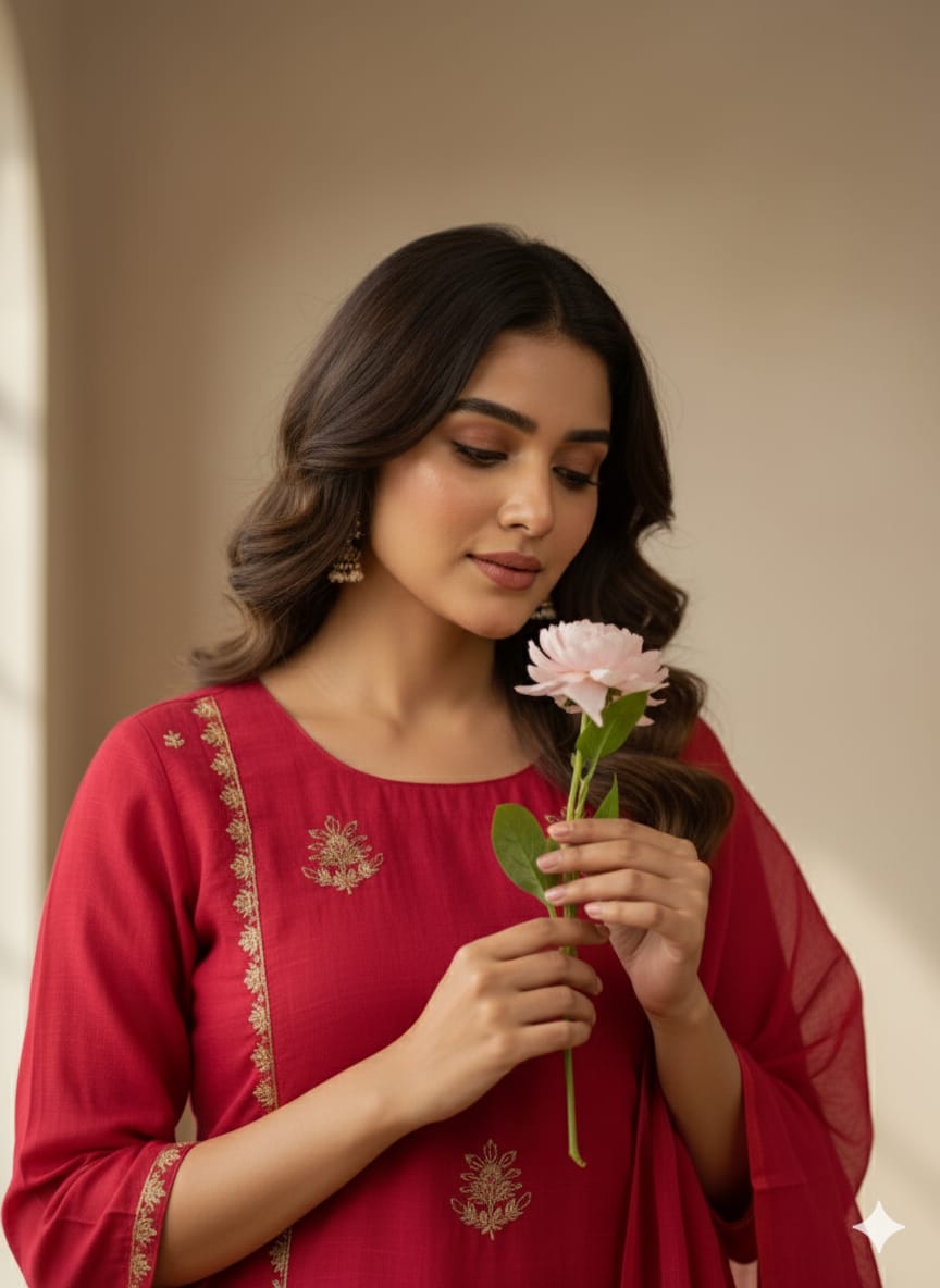 Embroidered Straight Kurta Set in Deep Rani Pink