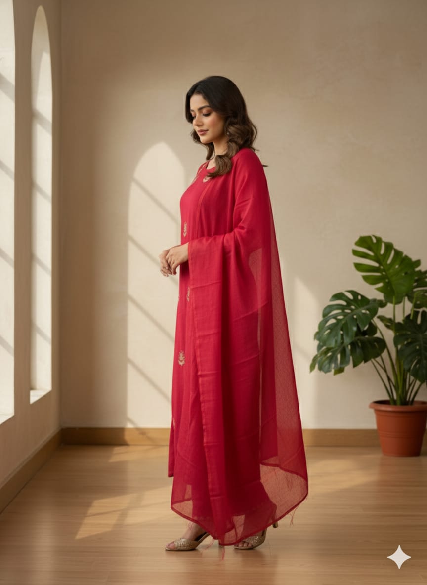 Embroidered Straight Kurta Set in Deep Rani Pink