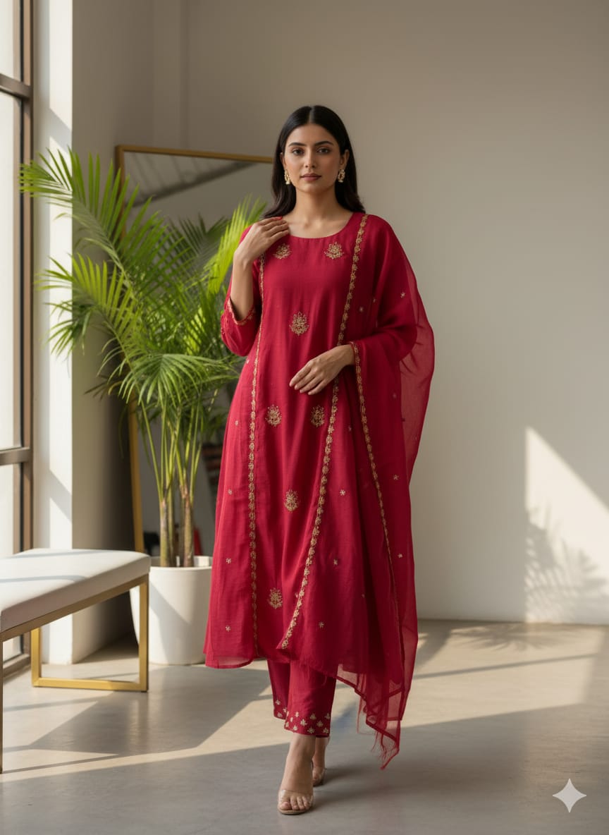 Embroidered Straight Kurta Set in Deep Rani Pink