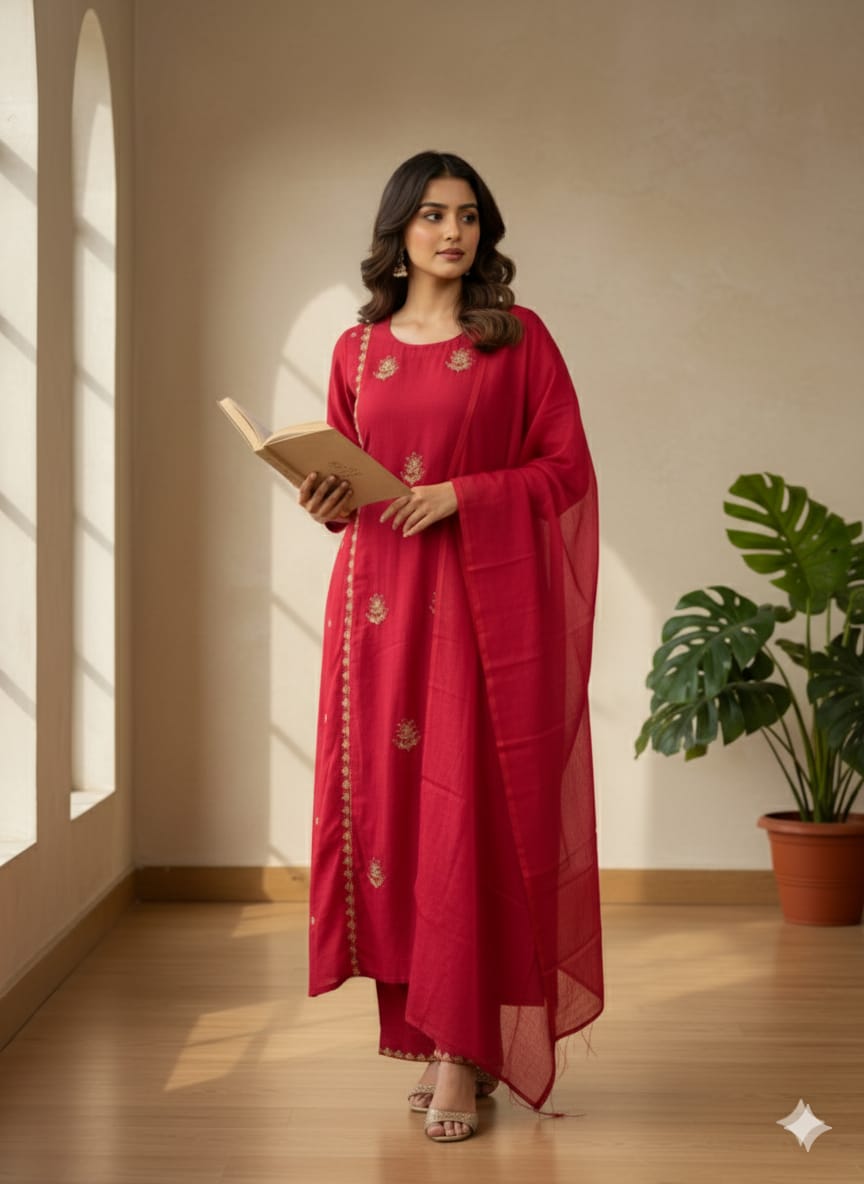 Embroidered Straight Kurta Set in Deep Rani Pink